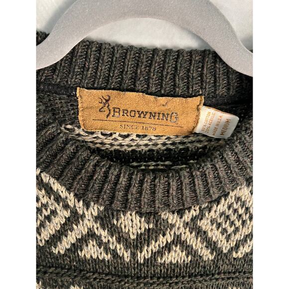 Browning Men’s Medium Fair Isle Knit Sweater Gray Cream Nordic Pattern Pullover - Picture 1 of 7